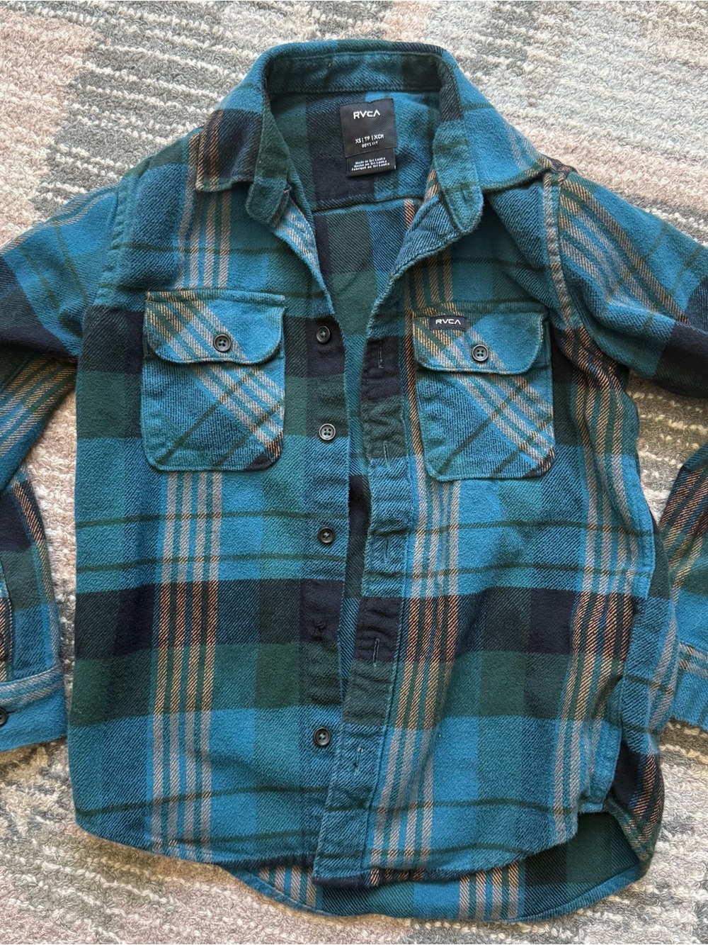 RVCA Boys Teal & Forest Green Plaid Button-Down Flannel